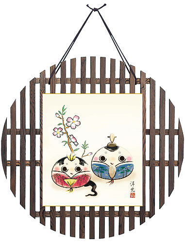 焼杉格子丸色紙掛