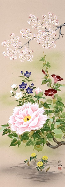 花鳥の掛け軸 奥田拓也作 四季草花 花鳥の掛け軸 奥田拓也作 四季草花