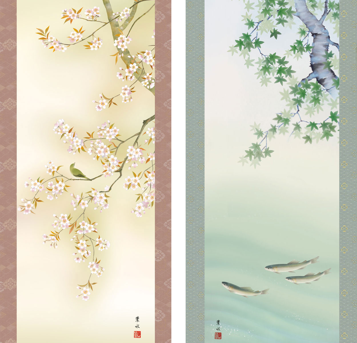花鳥の掛け軸 緒方葉水作 四季彩艶 お得な4本セット