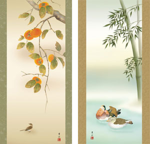 花鳥の掛け軸 緒方葉水作 四季彩艶 お得な4本セット