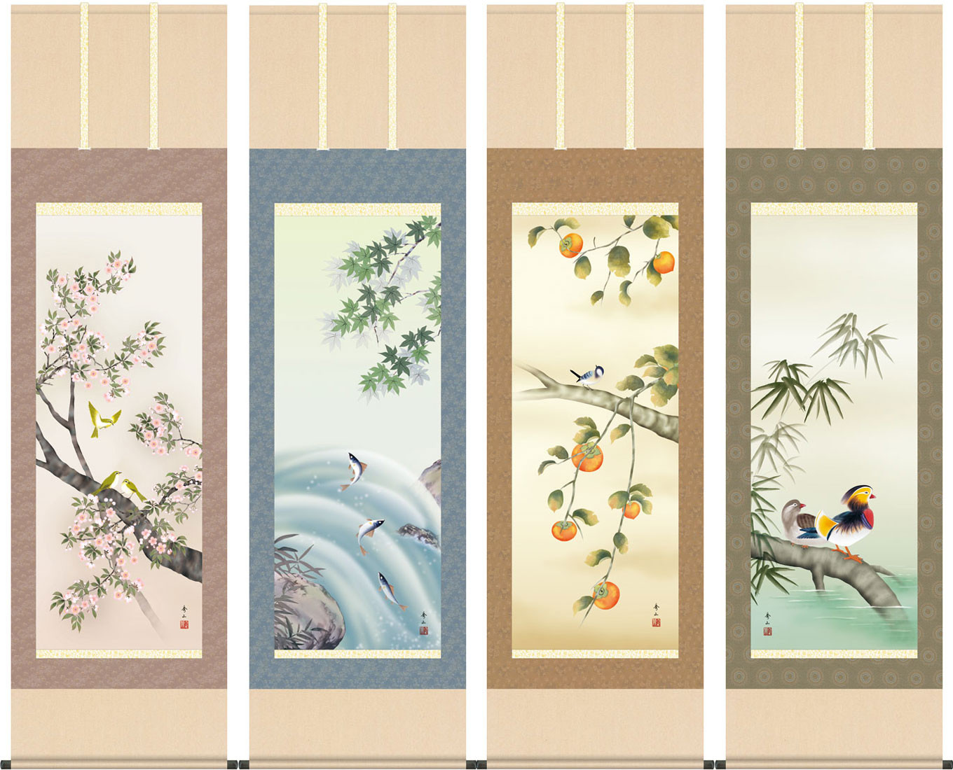 花鳥の掛け軸 鈴村秀山作 四季爛漫 お得な4本セット 花鳥の掛け軸 鈴村秀山作 四季爛漫 お得な4本セット