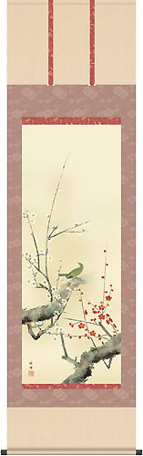 紅白梅に鶯