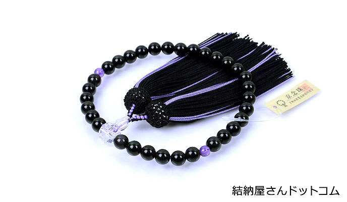  【厄除け】黒曜石（オブシディアン）ローズアメジスト 本水晶切子仕立 正絹蛍房（桐箱付）