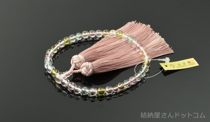 ミックスカラー水晶共仕立 7mm珠 正絹花カガリ房(桐箱付)